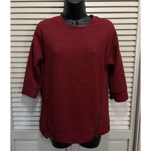 ANA Deep Red‎ Zip Detail Round Neck 3/4 Sleeve Top Size XS Textured Material